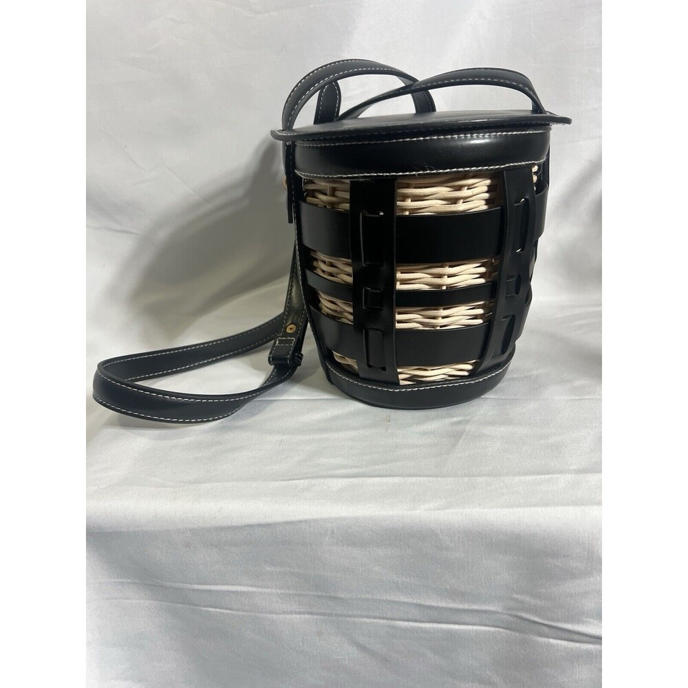 ZARA Purse Crossbody Bag Beige Rattan with Black Strap Basket Lined Boho Summer